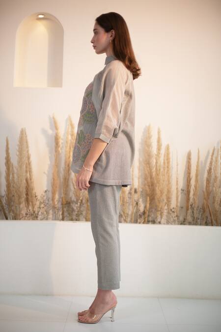 Shop Oja Grey Linen, Canvas Embroidery Collared Floral Patch Work Shirt With Pant Online at Aza Fashions Shop_Oja_Grey Linen, Canvas Embroidery Collared Floral Patch Work Shirt With Pant _Online_at_Aza_Fashions
