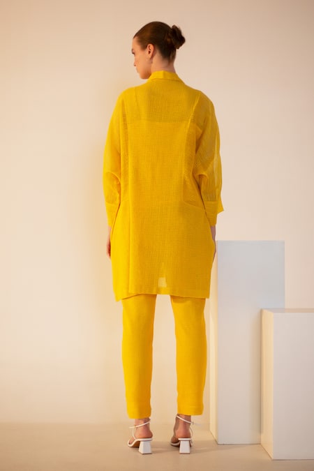 Shop Oja Yellow Linen, Canvas Embroidery Collared Floral Patch Work Kurta With Pant at Aza Fashions Shop_Oja_Yellow Linen, Canvas Embroidery Collared Floral Patch Work Kurta With Pant _at_Aza_Fashions