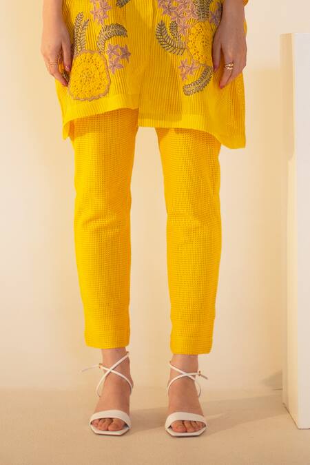 Oja Yellow Linen, Canvas Embroidery Collared Floral Patch Work Kurta With Pant Online at Aza Fashions Oja_Yellow Linen, Canvas Embroidery Collared Floral Patch Work Kurta With Pant _Online_at_Aza_Fashions