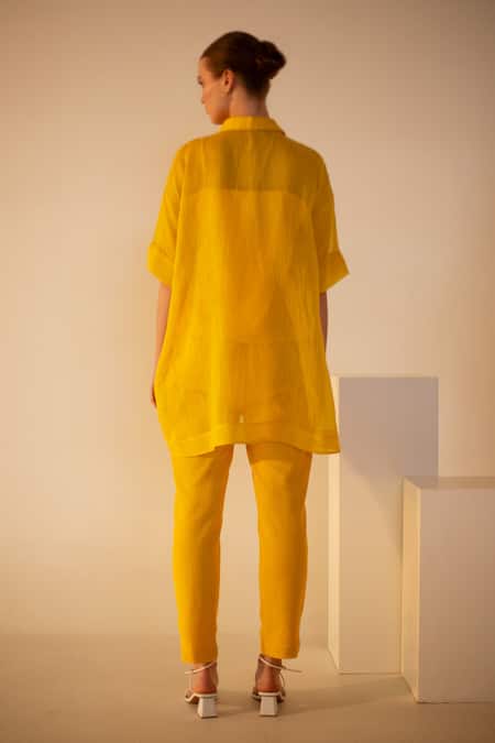 Shop Oja Yellow Linen, Canvas Embroidery Collared Flora Crochet Work Shirt With Pant at Aza Fashions Shop_Oja_Yellow Linen, Canvas Embroidery Collared Flora Crochet Work Shirt With Pant _at_Aza_Fashions