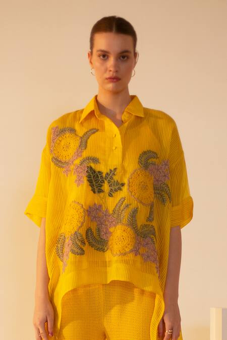 Buy Oja Yellow Linen, Canvas Embroidery Collared Flora Crochet Work Shirt With Pant Online at Aza Fashions Buy_Oja_Yellow Linen, Canvas Embroidery Collared Flora Crochet Work Shirt With Pant _Online_at_Aza_Fashions