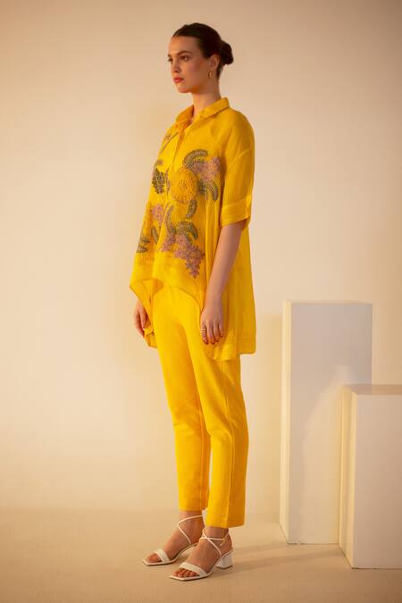 Shop Oja Yellow Linen, Canvas Embroidery Collared Flora Crochet Work Shirt With Pant Online at Aza Fashions Shop_Oja_Yellow Linen, Canvas Embroidery Collared Flora Crochet Work Shirt With Pant _Online_at_Aza_Fashions