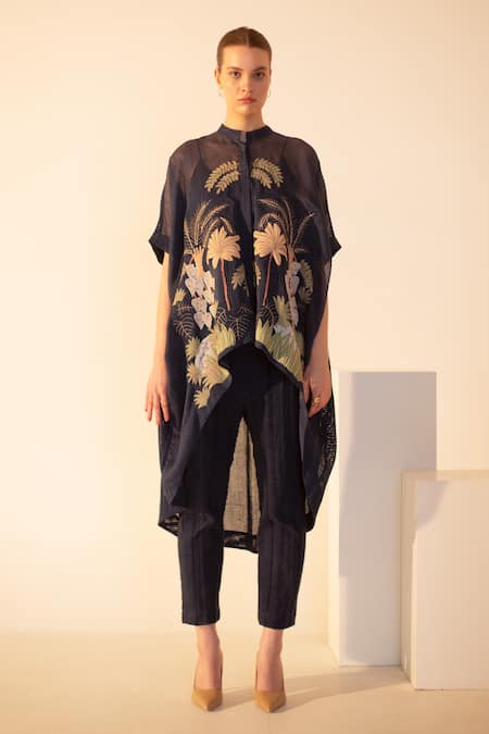 Oja Blue Linen, Jersey, Handloom Cotton Flora Knit Applique Work Kurta With Pant