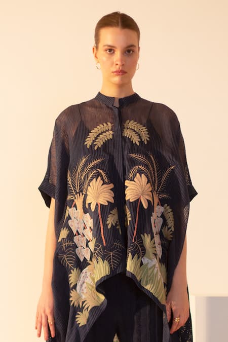 Oja Blue Linen, Jersey, Handloom Cotton Flora Knit Applique Work Kurta With Pant Online at Aza Fashions Oja_Blue Linen, Jersey, Handloom Cotton Flora Knit Applique Work Kurta With Pant _Online_at_Aza_Fashions