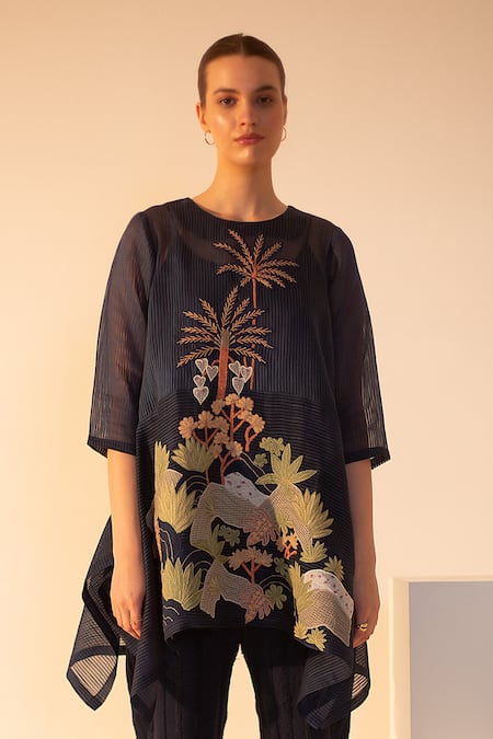 Oja_Blue Linen, Handloom Cotton Embroidery Round Forest Crochet Work Top With Pant _Online_at_Aza_Fashions