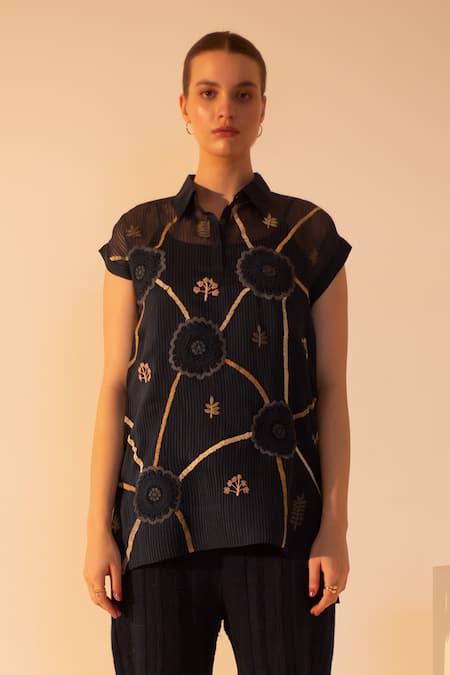 Oja_Blue Linen, Handloom Cotton Embroidery Flora Crochet Patch Work Top With Pant _Online_at_Aza_Fashions