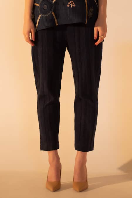 Buy_Oja_Blue Linen, Handloom Cotton Embroidery Flora Crochet Patch Work Top With Pant _Online_at_Aza_Fashions