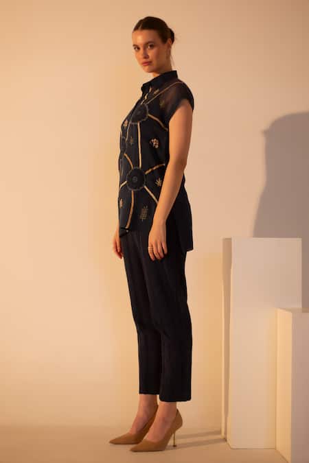 Shop_Oja_Blue Linen, Handloom Cotton Embroidery Flora Crochet Patch Work Top With Pant _Online_at_Aza_Fashions
