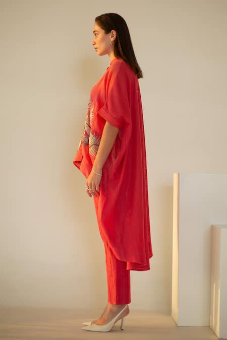 Shop_Oja_Red Linen, Handloom Cotton Embroidery Leaf Crochet Patch Work Kurta With Pant _Online_at_Aza_Fashions