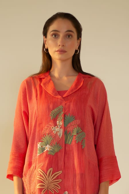 Oja_Red Linen Applique Collared Palm Tree Work Shirt Dress _Online_at_Aza_Fashions