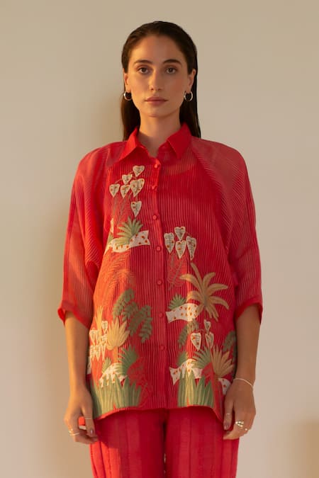 Oja_Red Linen, Canvas Applique Collared Palm Tree Knit Work Shirt With Pant _Online_at_Aza_Fashions