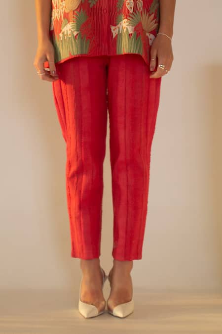 Buy_Oja_Red Linen, Canvas Applique Collared Palm Tree Knit Work Shirt With Pant _Online_at_Aza_Fashions