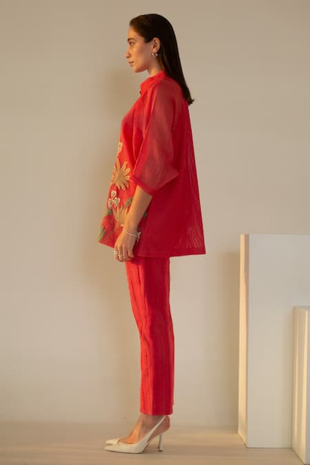 Shop_Oja_Red Linen, Canvas Applique Collared Palm Tree Knit Work Shirt With Pant _Online_at_Aza_Fashions