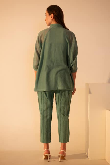 Shop Oja Green Linen Embroidery Collared Leaves Applique Work Shirt With Pant at Aza Fashions Shop_Oja_Green Linen Embroidery Collared Leaves Applique Work Shirt With Pant _at_Aza_Fashions