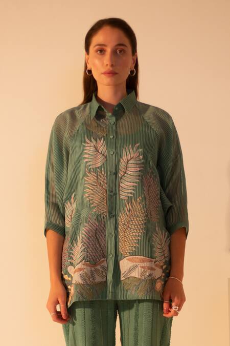 Oja Green Linen Embroidery Collared Leaves Applique Work Shirt With Pant Online at Aza Fashions Oja_Green Linen Embroidery Collared Leaves Applique Work Shirt With Pant _Online_at_Aza_Fashions