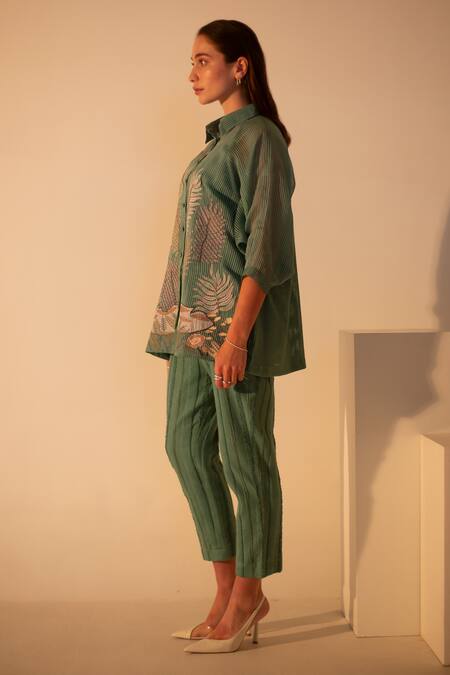 Shop Oja Green Linen Embroidery Collared Leaves Applique Work Shirt With Pant Online at Aza Fashions Shop_Oja_Green Linen Embroidery Collared Leaves Applique Work Shirt With Pant _Online_at_Aza_Fashions