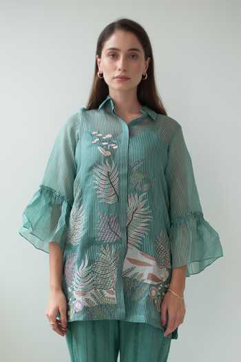 Oja_Green Linen, Handloom Cotton Embroidery Collared Leaves Shirt With Pant _Online_at_Aza_Fashions