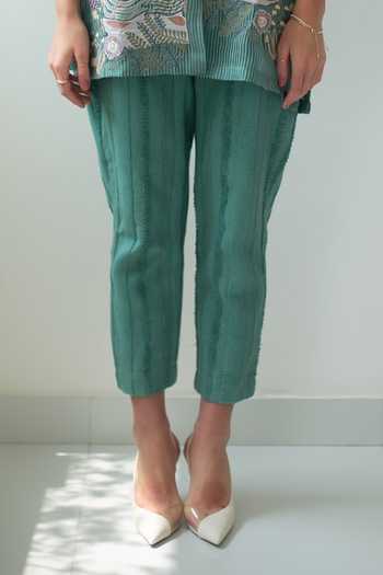 Buy_Oja_Green Linen, Handloom Cotton Embroidery Collared Leaves Shirt With Pant _Online_at_Aza_Fashions