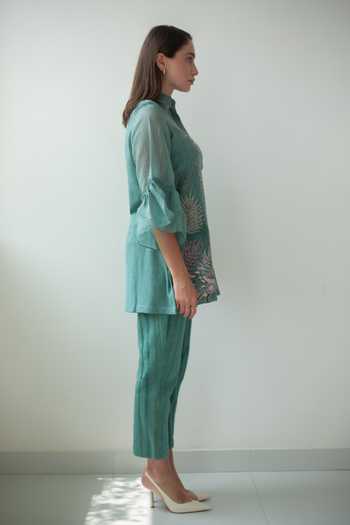 Shop_Oja_Green Linen, Handloom Cotton Embroidery Collared Leaves Shirt With Pant _Online_at_Aza_Fashions