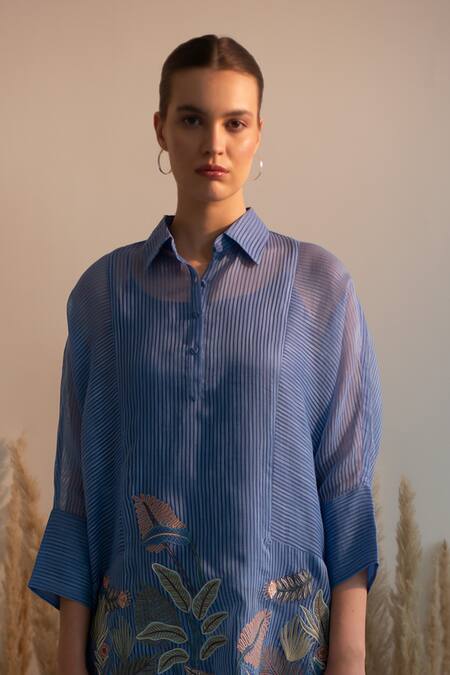 Buy Oja Blue Linen, Canvas Applique Collared Leaves Knit Work Kurta With Pant Online at Aza Fashions Buy_Oja_Blue Linen, Canvas Applique Collared Leaves Knit Work Kurta With Pant _Online_at_Aza_Fashions