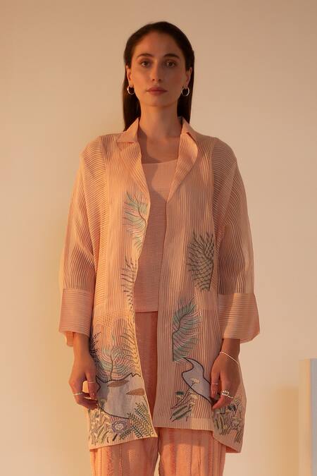 Oja_Pink Linen, Handloom Cotton Nature Motif Applique Work Kurta With Pant _Online_at_Aza_Fashions