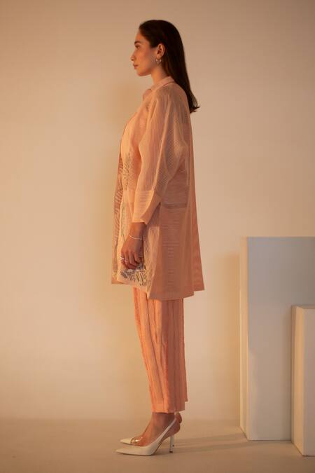 Shop_Oja_Pink Linen, Handloom Cotton Nature Motif Applique Work Kurta With Pant _Online_at_Aza_Fashions