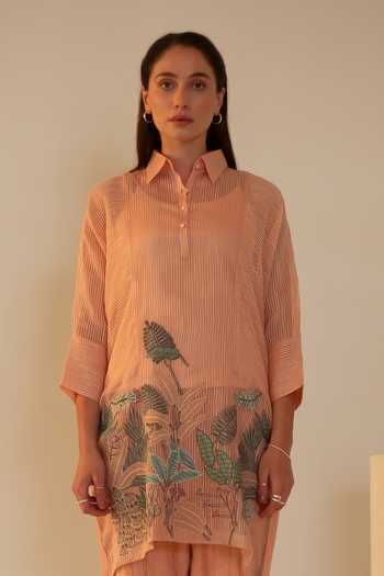 Oja_Pink Linen Embroidery Collared Nature Motif Kurta With Pant _Online_at_Aza_Fashions