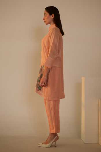 Shop_Oja_Pink Linen Embroidery Collared Nature Motif Kurta With Pant _Online_at_Aza_Fashions