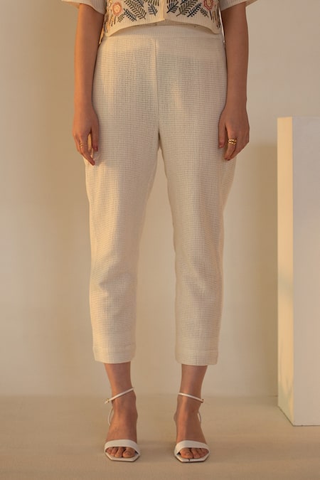 Oja_Ivory Linen, Canvas Embroidery Open Neck Abstract Appliqued Crop Top And Pant Set _Online_at_Aza_Fashions