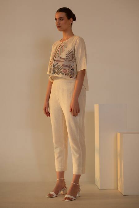 Shop_Oja_Ivory Linen, Canvas Embroidery Open Neck Abstract Appliqued Crop Top And Pant Set _Online_at_Aza_Fashions