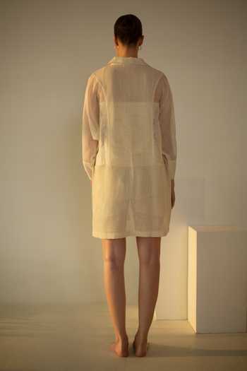 Shop Oja Ivory Handloom Cotton, Linen Applique Collared Earthy Shirt And Shorts Set at Aza Fashions Shop_Oja_Ivory Handloom Cotton, Linen Applique Collared Earthy Shirt And Shorts Set _at_Aza_Fashions