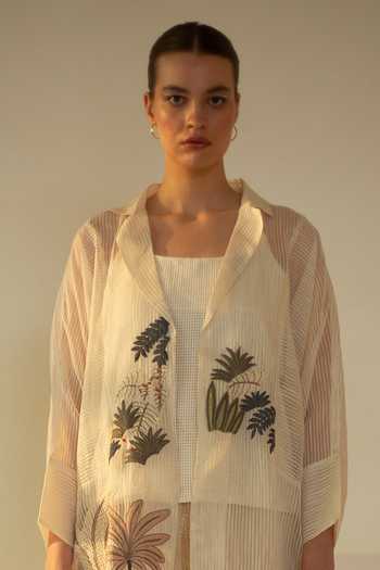 Oja Ivory Handloom Cotton, Linen Applique Collared Earthy Shirt And Shorts Set Online at Aza Fashions Oja_Ivory Handloom Cotton, Linen Applique Collared Earthy Shirt And Shorts Set _Online_at_Aza_Fashions