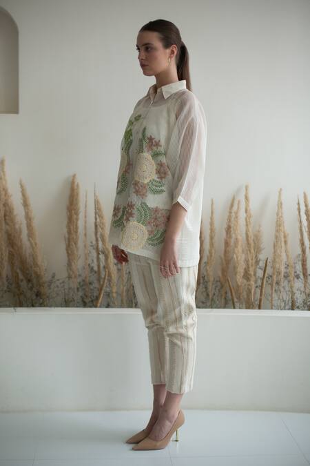 Oja Ivory Linen Embroidery Collared Crochet Hand Shirt And Pant Set Online at Aza Fashions Oja_Ivory Linen Embroidery Collared Crochet Hand Shirt And Pant Set _Online_at_Aza_Fashions