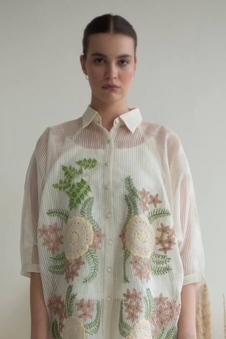 Shop Oja Ivory Linen Embroidery Collared Crochet Hand Shirt And Pant Set Online at Aza Fashions Shop_Oja_Ivory Linen Embroidery Collared Crochet Hand Shirt And Pant Set _Online_at_Aza_Fashions