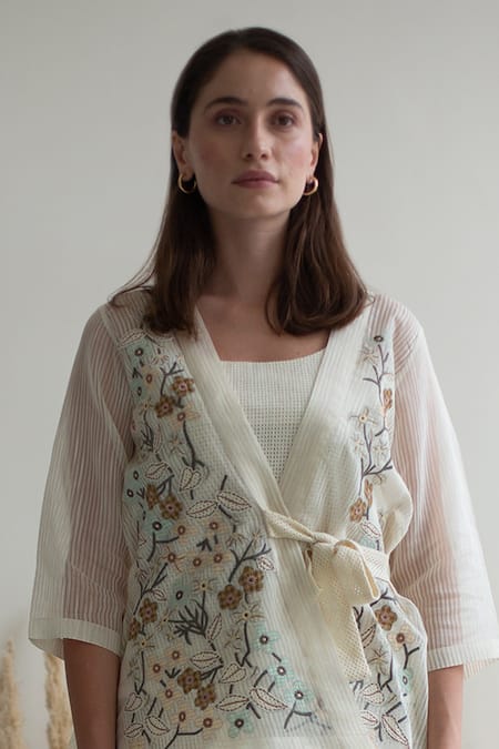Oja_Ivory Linen, Canvas Embroidery Open Neck Flower Appliqued Short Jacket Pant Set _Online_at_Aza_Fashions