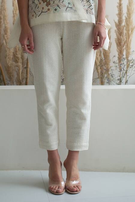 Buy_Oja_Ivory Linen, Canvas Embroidery Open Neck Flower Appliqued Short Jacket Pant Set _Online_at_Aza_Fashions