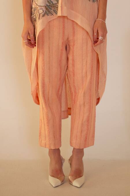 Oja_Pink Linen, Jersey, Handloom Cotton Embroidery, Earthy Hand Kurta Pant Set _Online_at_Aza_Fashions