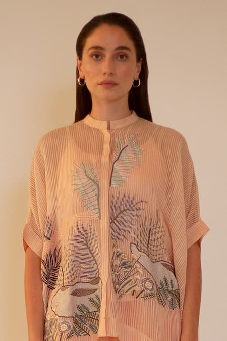 Buy_Oja_Pink Linen, Jersey, Handloom Cotton Embroidery, Earthy Hand Kurta Pant Set _Online_at_Aza_Fashions