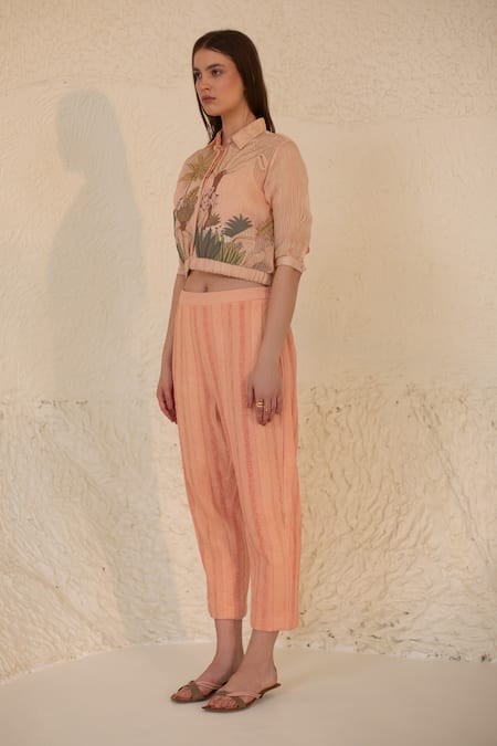 Shop_Oja_Pink Handloom Cotton Embroidery Earthy Hand Appliqued Bomber Jacket Pant Set _Online_at_Aza_Fashions