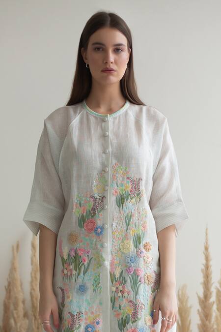 Buy_Oja_White Gingham, Linen Beads, Sequins Floral Embroidered Straight Kurta With Pant _Online_at_Aza_Fashions