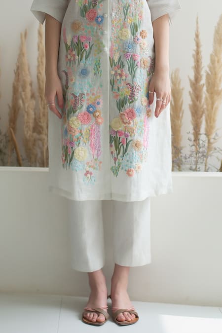 Shop_Oja_White Gingham, Linen Beads, Sequins Floral Embroidered Straight Kurta With Pant _Online_at_Aza_Fashions