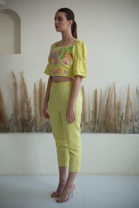 Oja_Yellow Linen Sequins, Beads Square Neck Floral Embroidered Crop Top With Pant _Online_at_Aza_Fashions