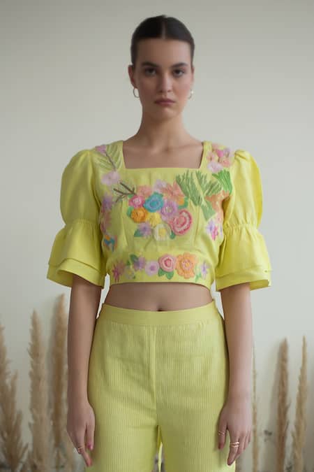 Buy_Oja_Yellow Linen Sequins, Beads Square Neck Floral Embroidered Crop Top With Pant _Online_at_Aza_Fashions