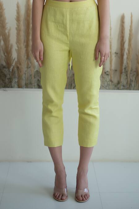 Shop_Oja_Yellow Linen Sequins, Beads Square Neck Floral Embroidered Crop Top With Pant _Online_at_Aza_Fashions