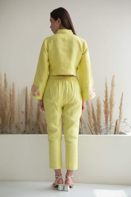 Shop Oja Yellow Linen Sequins, Beads Collared Floral Embroidered Crop Shirt With Pant at Aza Fashions Shop_Oja_Yellow Linen Sequins, Beads Collared Floral Embroidered Crop Shirt With Pant _at_Aza_Fashions