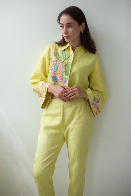 Oja Yellow Linen Sequins, Beads Collared Floral Embroidered Crop Shirt With Pant Online at Aza Fashions Oja_Yellow Linen Sequins, Beads Collared Floral Embroidered Crop Shirt With Pant _Online_at_Aza_Fashions