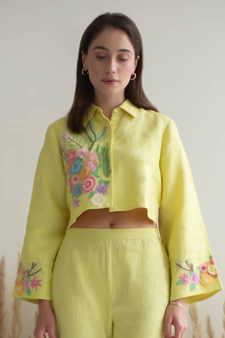 Shop Oja Yellow Linen Sequins, Beads Collared Floral Embroidered Crop Shirt With Pant Online at Aza Fashions Shop_Oja_Yellow Linen Sequins, Beads Collared Floral Embroidered Crop Shirt With Pant _Online_at_Aza_Fashions