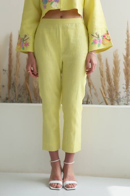 Oja Yellow Linen Sequins, Beads Collared Floral Embroidered Crop Shirt With Pant at Aza Fashions Oja_Yellow Linen Sequins, Beads Collared Floral Embroidered Crop Shirt With Pant _at_Aza_Fashions