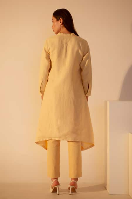 Shop Oja Yellow Gingham, Linen Sequins, Floral Embroidered Asymmetric Kurta With Pant at Aza Fashions Shop_Oja_Yellow Gingham, Linen Sequins, Floral Embroidered Asymmetric Kurta With Pant _at_Aza_Fashions