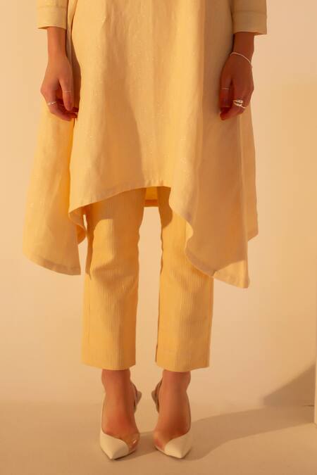 Shop Oja Yellow Gingham, Linen Sequins, Floral Embroidered Asymmetric Kurta With Pant Online at Aza Fashions Shop_Oja_Yellow Gingham, Linen Sequins, Floral Embroidered Asymmetric Kurta With Pant _Online_at_Aza_Fashions